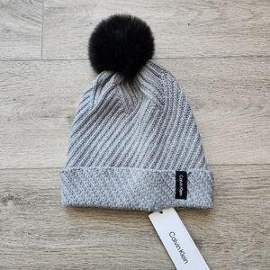 Calvin Klein Gray Black Knit Winter Hat Beanie Unisex One Size Faux Fur